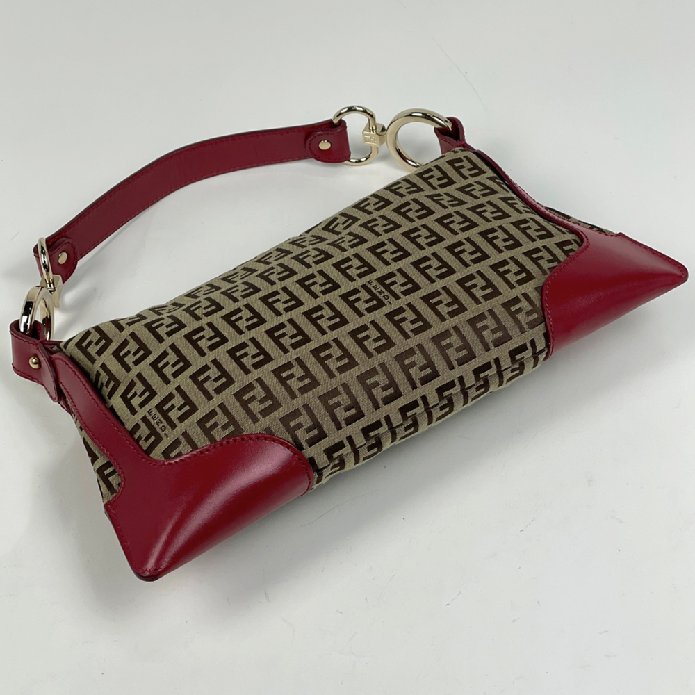 Fendi Zucchino Pattern Handbag, One-Shoulder Canvas, Brown/Red, 8BR464, Women's - Picture 2 of 8